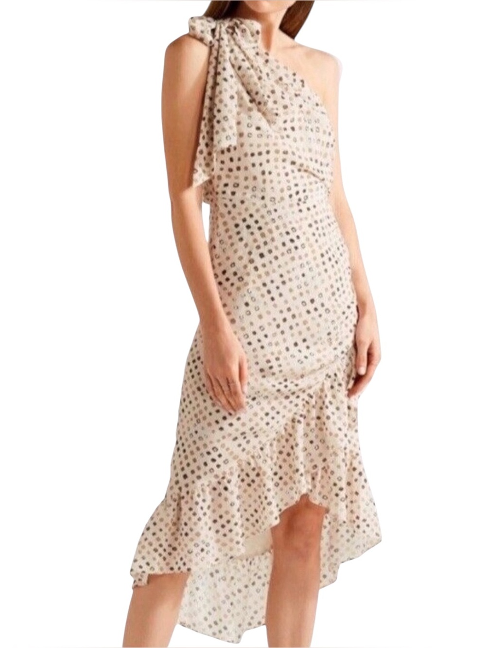 Ulla Johnson Imogen Silk Chiffon Squares Ruffle One Shoulder Ruched Midi Dress